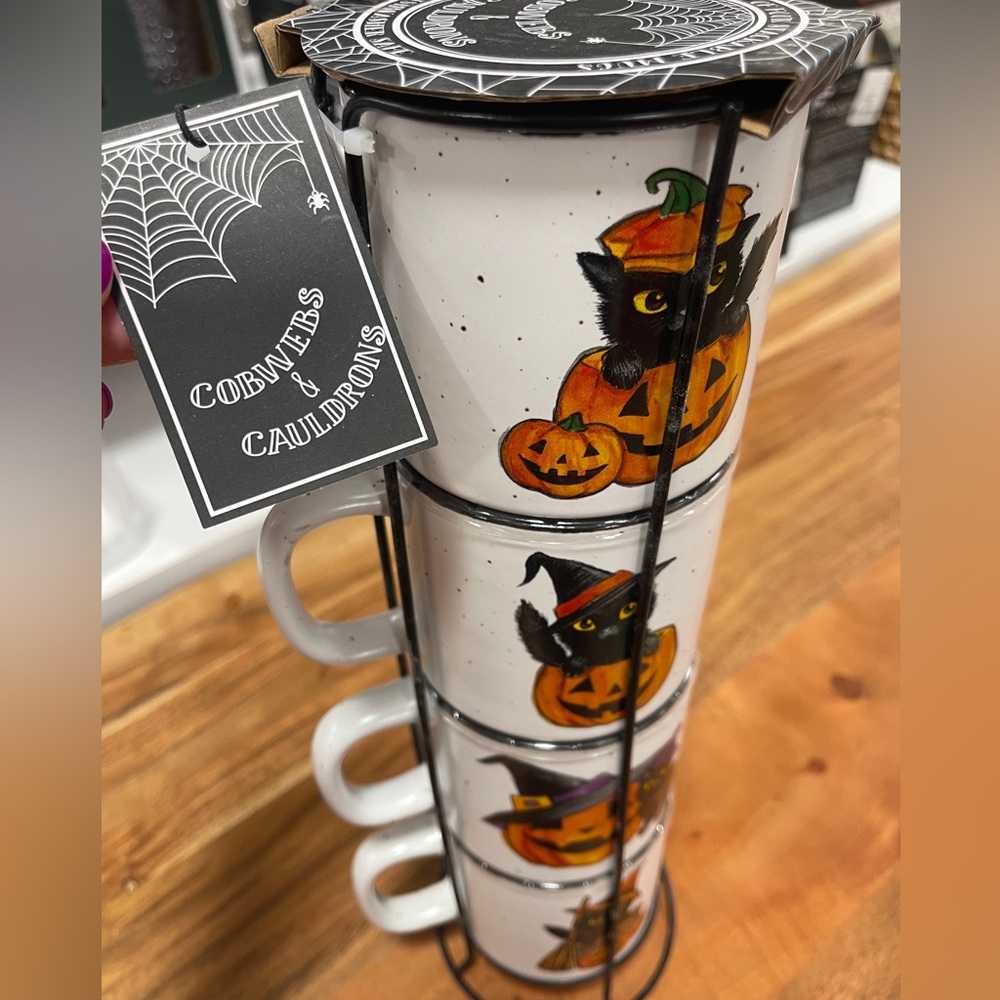 NEW Halloween Black Cat & Jack o’lantern 🐈‍⬛ 🎃 ceramic Stacking Mug Set Stand - Picture 3 of 5